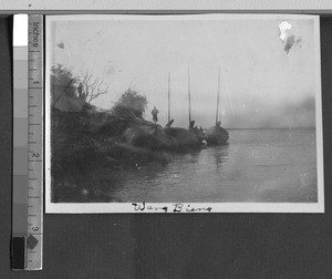 Sailboats docked on a riverbank, Ing Tai, Fujian, China, ca. 1920