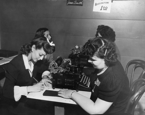 Loretta Young registers at the Hollywood Canteen