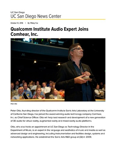 Qualcomm Institute Audio Expert Joins Comhear, Inc
