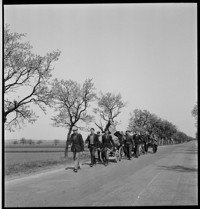 [Freed French prisoners(?) on road, walking with typical German carts.] (Filed with "Prisoners Arrival Le Bourget" series.)