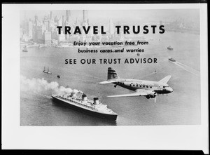 "Travel Trusts" card, Security First National Bank, Southern California, 1939