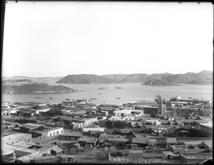 Panorama of the city of Guaymas, Mexico, showing a bay in the background, ca.1905