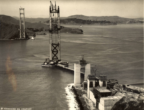 Both towers of the Golden Gate Bridge during its construction, April, 1935 [photograph]