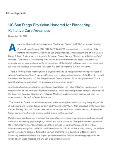 UC San Diego Physician Honored for Pioneering Palliative Care Advances