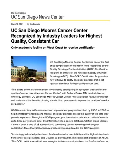 UC San Diego Moores Cancer Center Recognized by Industry Leaders for Highest Quality, Consistent Car