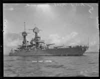 Side view of the USS West Virginia anchored in San Pedro, 1924-1939