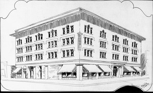 A pen and ink sketch of the proposed new Young Men's Christian Association building, Pasadena, 1957