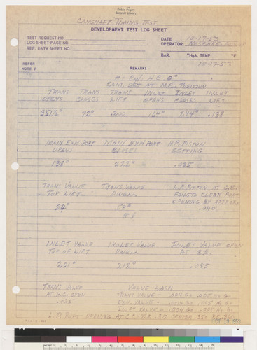 Camshaft Timing Test, page 1, 1953