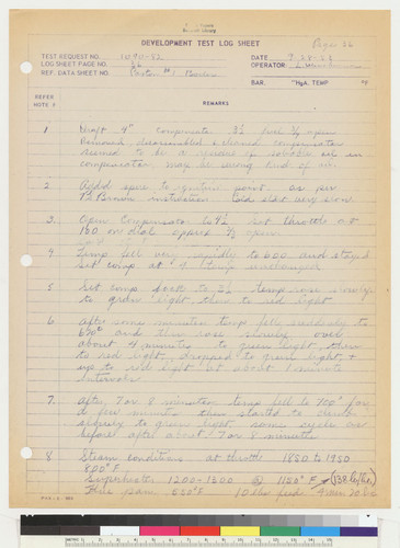 Development Test Log Sheet, page 36, 1953