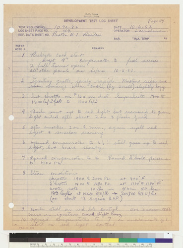 Development Test Log Sheet, page 44, 1953