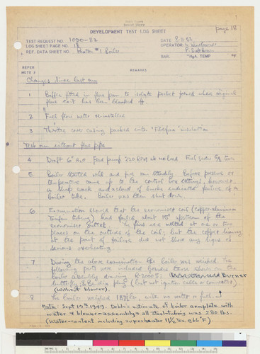 Development Test Log Sheet, page 18, 1953