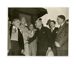 Isidore Dockweiler, Frederick Dockweiler, Senator Sheridan Downey, President Harry Truman, Henry Dockweiler, and Los Angeles County Supervisor John Anson Ford, circa 1945