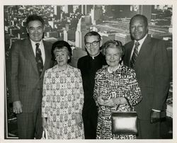 Mayor Bradley, Gladys Burns, Cardinal Manning, Mary Dockweiler Sooy, and Councilman John Ferraro at charity event at St. Vincent's Hospital