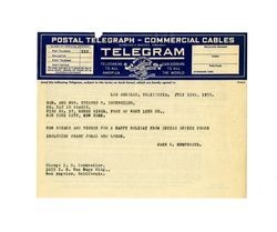 Telegram message from Jane C. Humphreys to Hon. and Mrs. Isidore B. Dockweiler, July 11, 1930