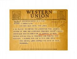 Telegram from Vice Admiral Louis Denfeld to Isidore B. Dockweiler, October 5, 1945