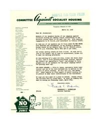 Committee Against Socialist Housing campaign letter, March 19, 1952