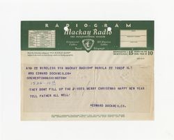 Radiogram from Edward Vincent Dockweiler to Jeanne Dockweiler, circa 1941