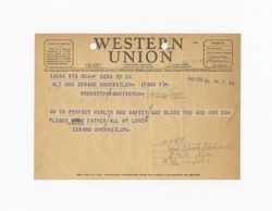 Telegram from Edward Vincent Dockweiler to Jeanne Dockweiler, February 26, 1942