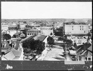 Birdseye view of Los Angeles looking east on First Street from Hill Street, ca.1889