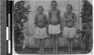 Three girls standing together, Solomon Islands, Oceania, ca. 1920-1940