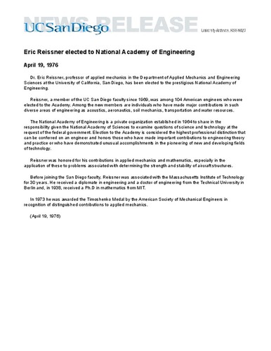 Eric Reissner elected to National Academy of Engineering