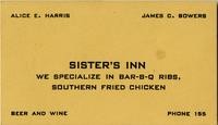 Sister's Inn restaurant business card