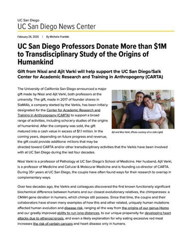 UC San Diego Professors Donate More than $1M to Transdisciplinary Study of the Origins of Humankind