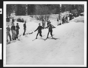 Impromptu ski joring race staged for winter visitors down the long side at Big Pines, ca.1930