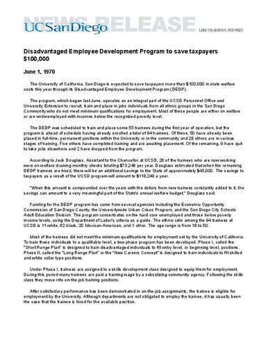 Disadvantaged Employee Development Program to save taxpayers $100,000