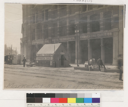 Market St. N side E of Montgomery St. [Makeshift tent office of Postal Telegraph Co. and Commercial Cable Co.]