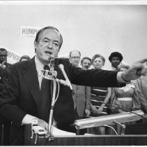 Hubert Humphrey, longtime U.S. Senator from Minnesota, 38th Vice President (under LBJ, 1965-1969), Democratic nominee for President, 1968. He is speaking to a crowd in Sacramento