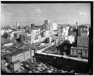 View of the Los Angeles Central Library looking northeast and area buildings, ca.1945