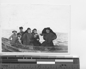 Maryknoll Sisters in a boat at Dalian, China, 1934
