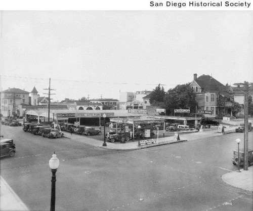 View of the Central Auto Park service station at the corner of Fourth and A Street