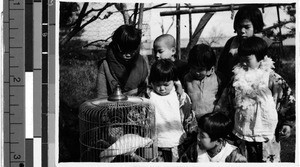 Japanese children watching a bird in a cage, Japan, ca. 1937