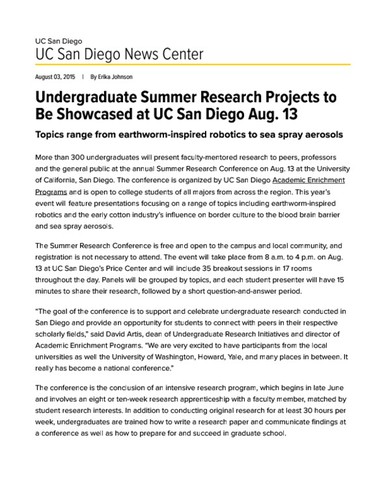 Undergraduate Summer Research Projects to Be Showcased at UC San Diego Aug. 13