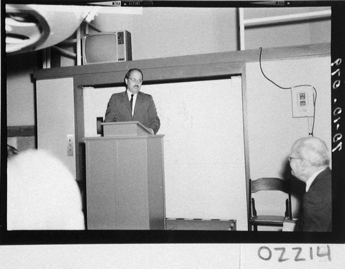 Willis H. Shapley addressing guests at the dedication of the 60-inch telescope, Palomar Observatory