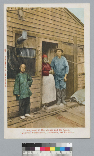 "'The Honeymoon of the Chinese and the Coon': Highbinders headquarters, Chinatown, San Francisco."