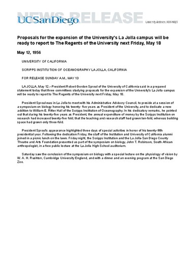 Proposals for the expansion of the University's La Jolla campus will be ready to report to The Regents of the University next Friday, May 18