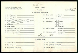 WPA Low income housing area survey data card 252, serial 23345, vacant
