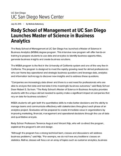 Rady School of Management at UC San Diego Launches Master of Science in Business Analytics