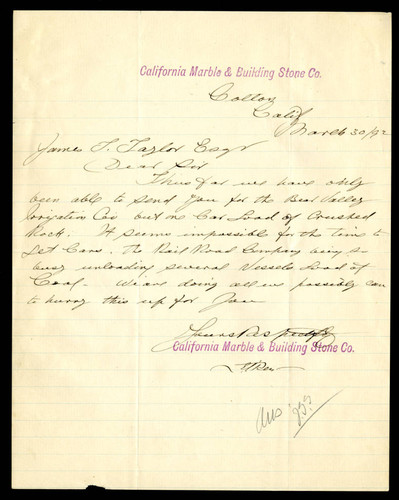 Letter to Jas T. Taylor from the California Marble & Building Stone Company, 1892-03-30