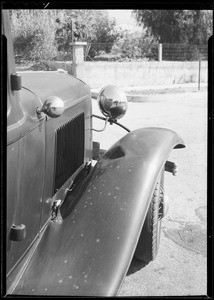 Ford sedan and scene of accident, San Fernando Road, Burbank, CA, 1934