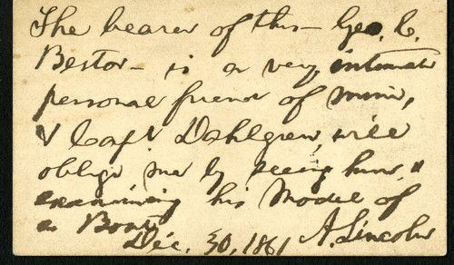 Abraham Lincoln autograph card, 1861 December 30