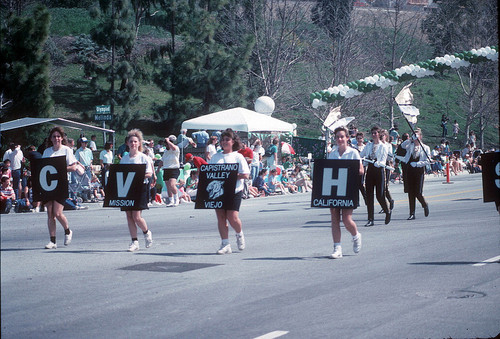 [Capistrano Valley High School Marching Band banner girls at St. Patrick's Day Parade, circa 1986 slide]