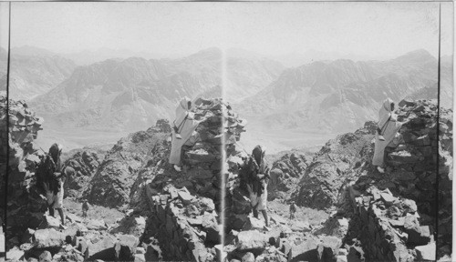 The whole ridge of Sinai, Jabel Sofof, left peak, Jabel Musa, night peak, looking East, Egypt