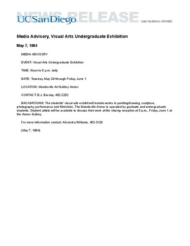 Media Advisory, Visual Arts Undergraduate Exhibition