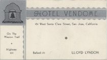 Business card for Lloyd Lyndon from the "new" Hotel Vendome at 161 West Santa Clara Street