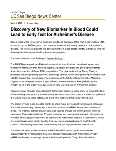 Discovery of New Biomarker in Blood Could Lead to Early Test for Alzheimer's Disease