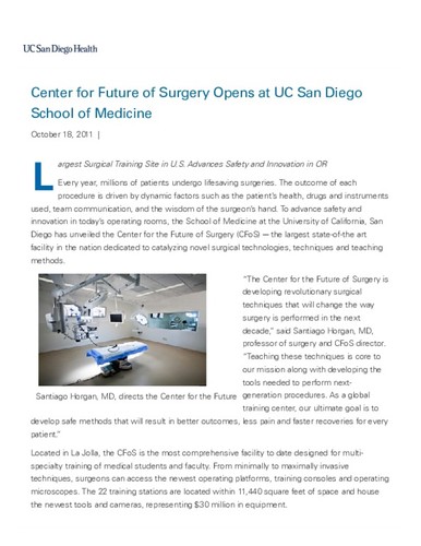Center for Future of Surgery Opens at UC San Diego School of Medicine